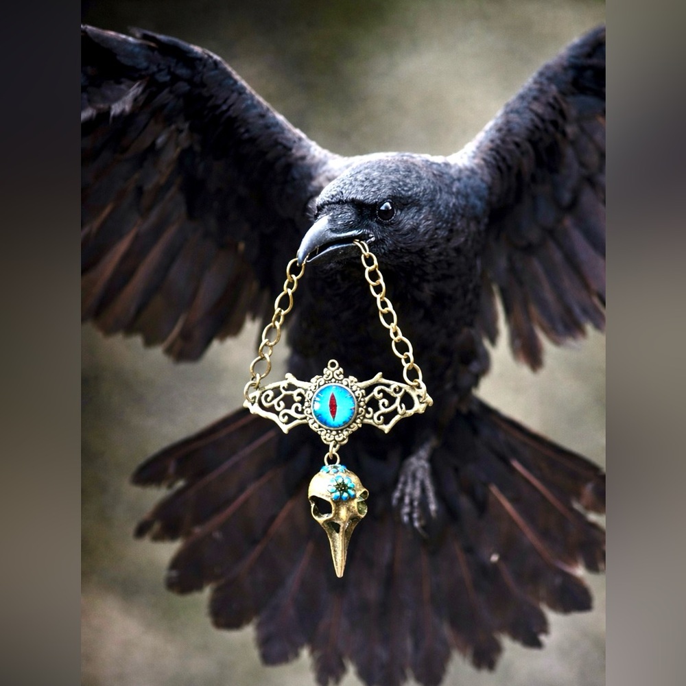 Raven mask evil eye crow 🐦‍⬛ necklace chain brass alloy Halloween witchy amulet